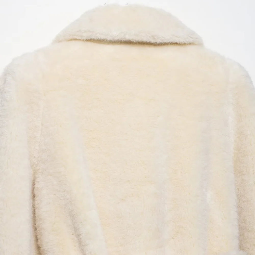 Women's fur loose jacket with lapel long sleeved pocket and waist belt autumn and winter new warm jacket