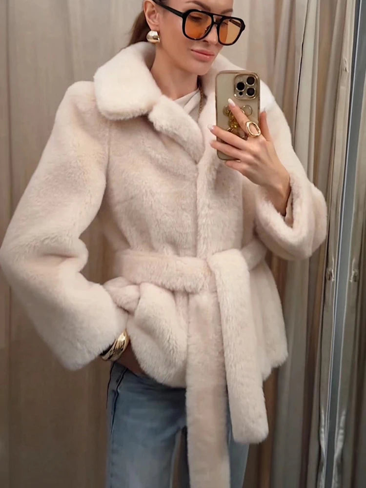 HH Winter Elegant Women Belted Artificial Fur Effect Coat Female Single Breasted Long Sleeve Loose Warm Faux Fur Jacket Outwear