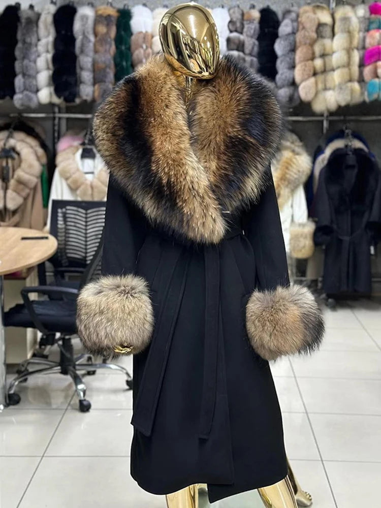 Cashmere Wool Coat For Women Raccoon Fur Coat Long Cashmere Fur Jacket With Real fur Collar Cuffs  Black Genuine Woolen Coats
