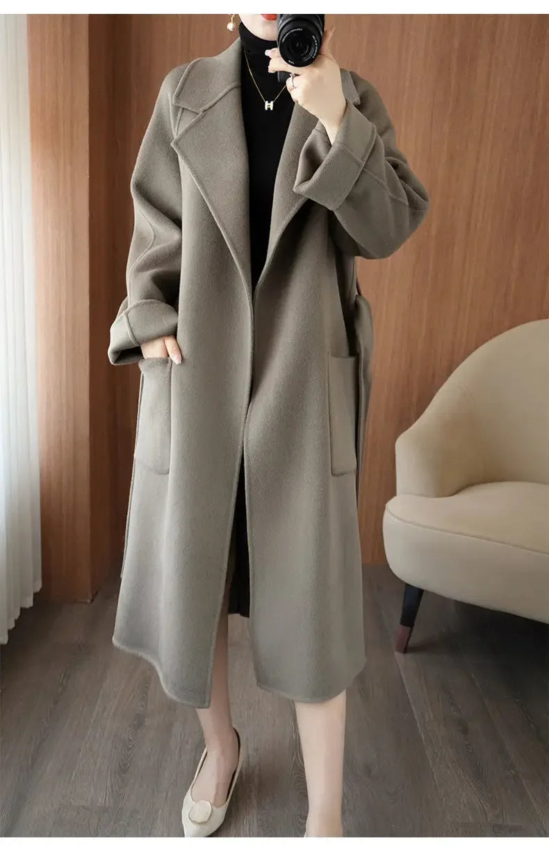 100% Wool Coat Women's Wear 2025 Autumn/Winter Fashion Temperament Double sided Cashmere Coats with Belt Elegant Long Overcoat