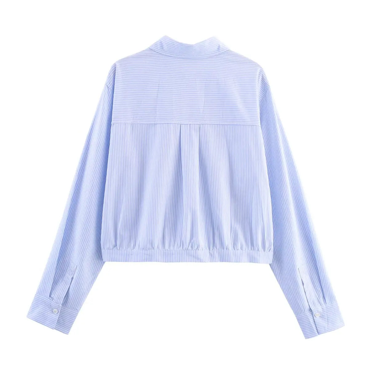 HH Women's 2025 Fashion Versatile Waist Pleated Striped Short Shirt Female Elegant Lapel Single-Breasted Long-Sleeved Shirt