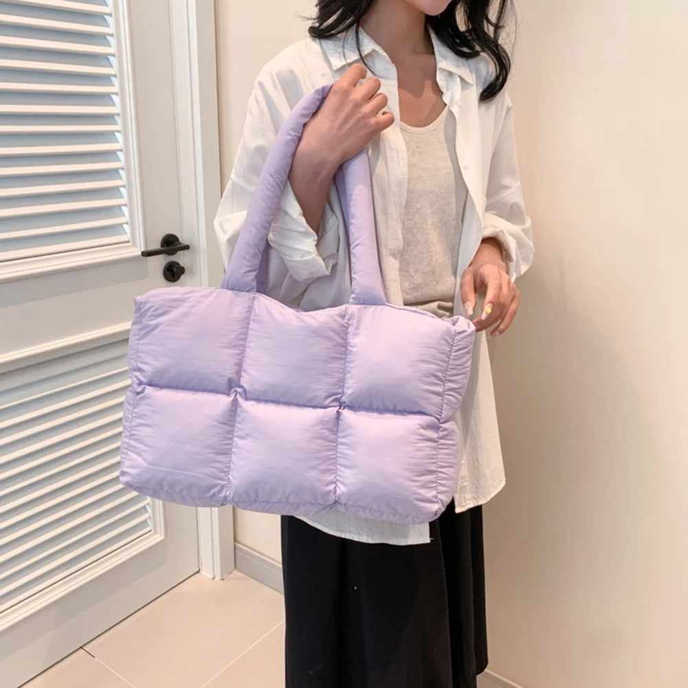 Women Padded Handbag Solid Color Quilted Single Shoulder Bag Large Capacity Soft Cloud Tote Bag Trendy Commuting Bags