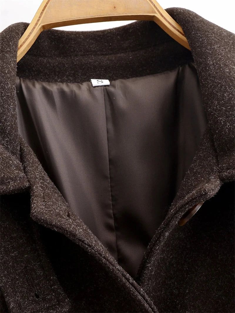 Women's Coat 2025 Winter New Style Dark Brown Long-Sleeve Belted Loose-Fit Long Woolen Coat Fashionable and Stylish