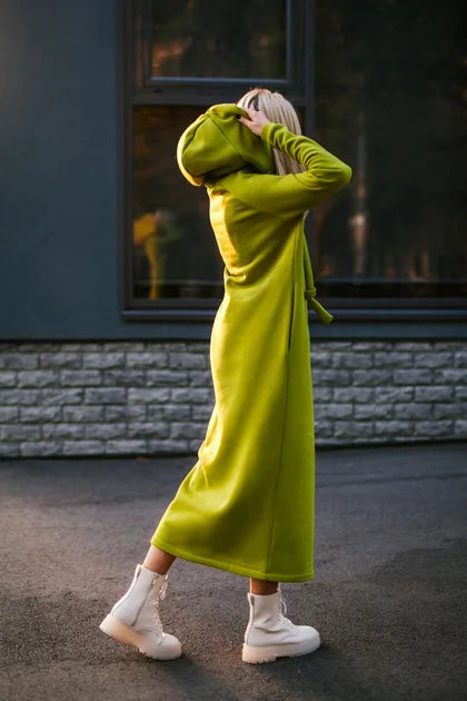 Women Fashion  New Loose Large Knitted Hooded Autumn Winter Long Dress Velvet Hoodie Dress Casual Dress Splicing Warm Dress