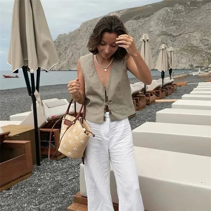 MUJER Beading Sleeveless Vest Woman V Neck Black Cropped Vest Women Jacket Tied Short Coats Waistcoat Women's Fashion Vests 2025