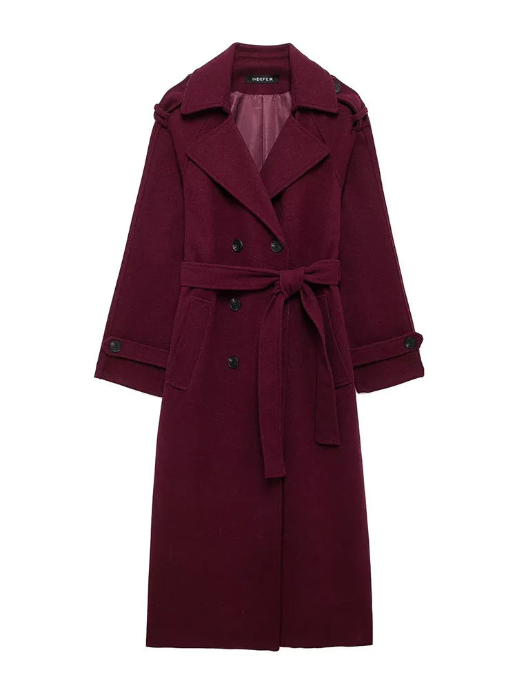 HH Winter Elegant Women Turn-Down Collar Long Coat Solid Long Sleeves Pocket Belt Double-Breasted Female Slim Windbreaker Coats