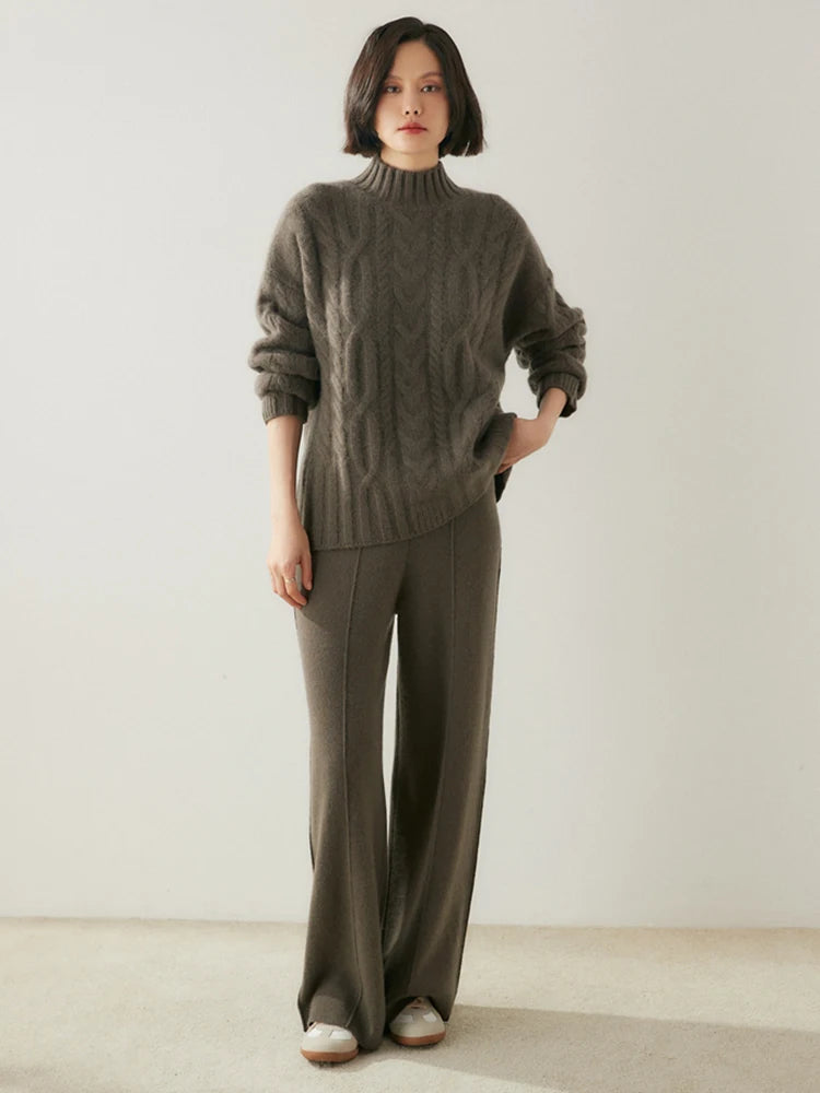 Women 100% Cashmere Sweater Mock Neck Pullover Cable Knitting Vintage Loose Style Thickened Cashmere Knitwear Autumn Winter Tops