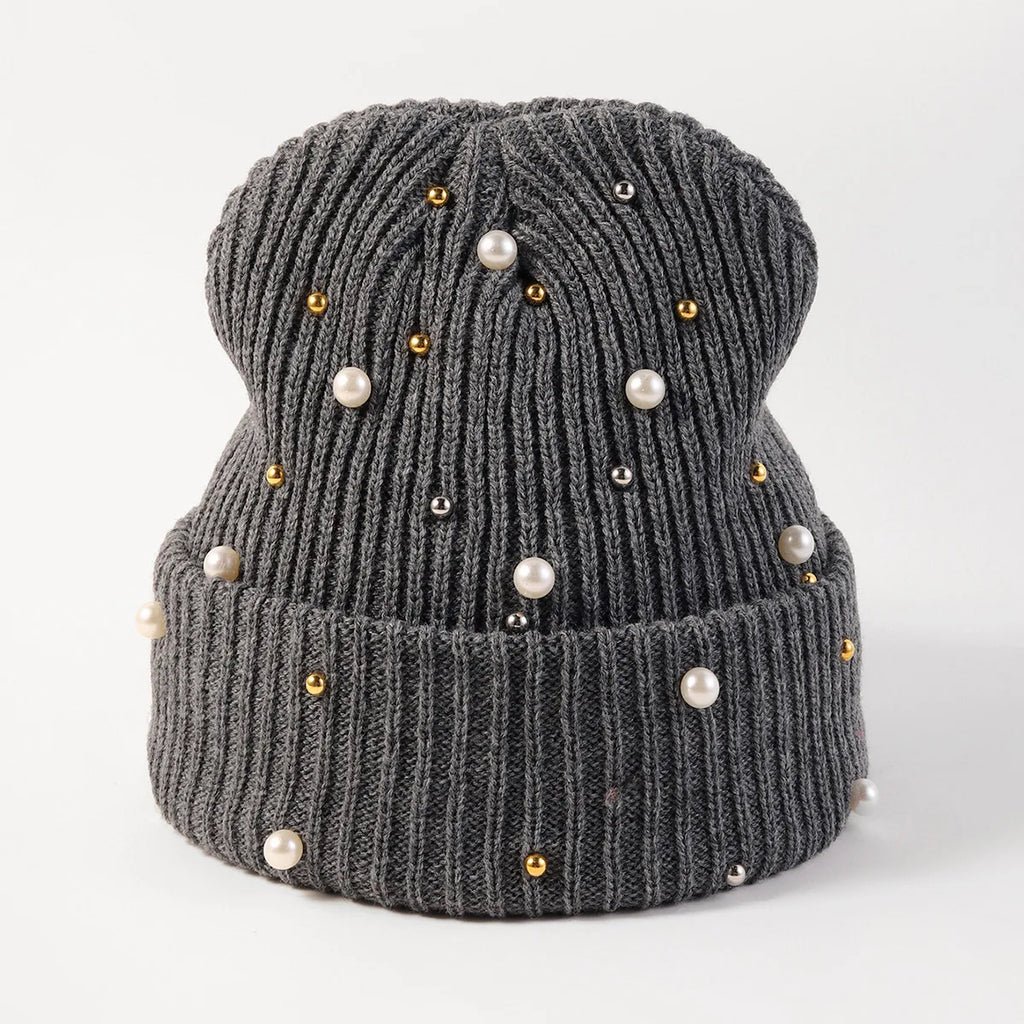 New Autumn And Winter Woolen Hat For Women, Fashionable Pearl Embellishment, Winter Warm Knitted Hat