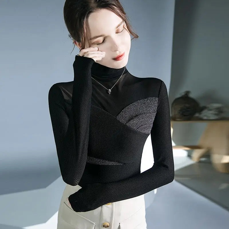 Women's Clothing Sexy See Through Mesh Patchwork Black Basic T-Shirts High Collar Elegant Chic Bright Silk Long Sleeve Slim Tops