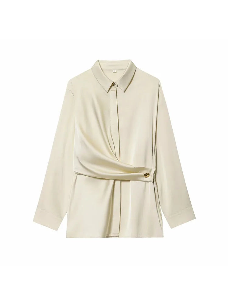 Women 2025 Autumn Winter New Silk Satin Blouse Turn-down Collar Single Breasted Long Sleeve Loose Blouse Fashion Shirt