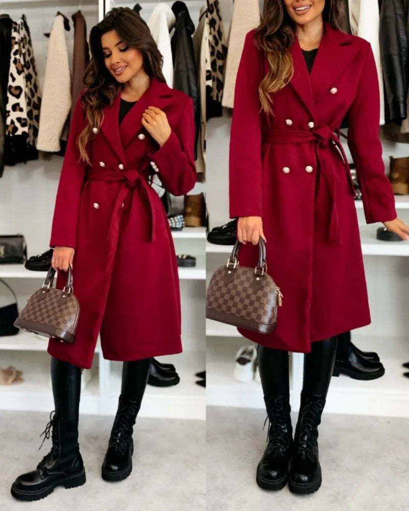 Women's Woolen Coat Autumn Winter Vintage Elegant Double Breasted Trench Coat Women Brown Long Sleeved Midi Windbreaker Jacket