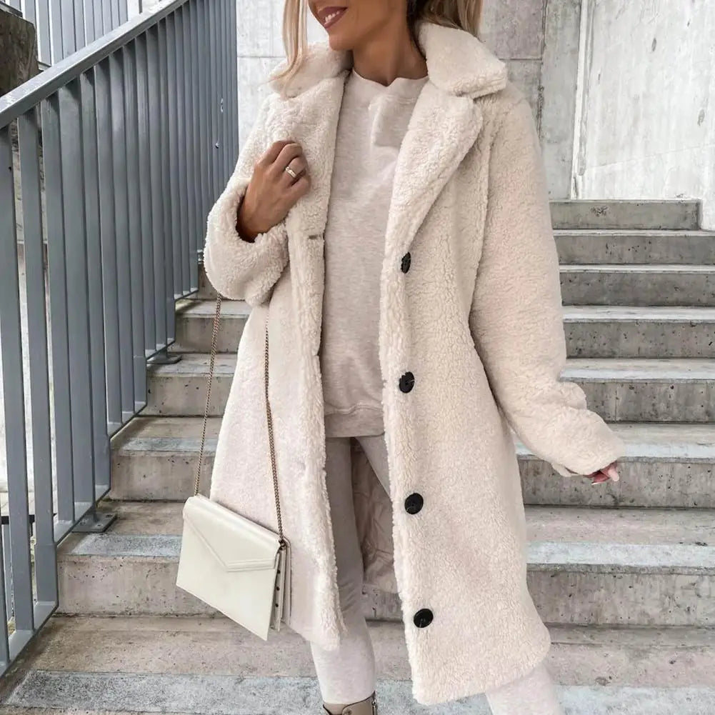 Trendy Women Overcoat Autumn Winter Women Trench Coat Long Style Pure Color Single-breasted Teddy Jacket  Windproof