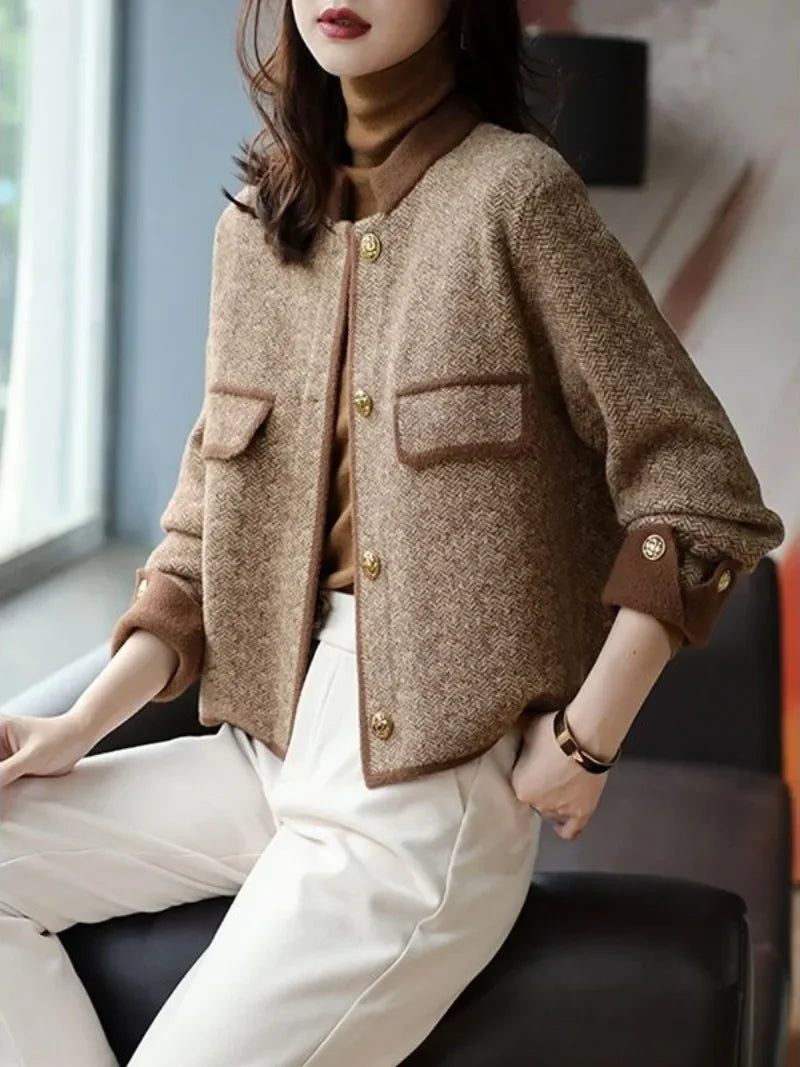 Knitting Wool Blend Coat for Women New In Round Neck Mixtures Jacket Woman Fashion 2025 High Quality Medium Elegant Hot Autumn