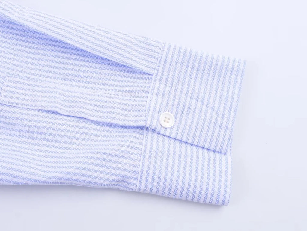 HH Women's 2025 Fashion Versatile Waist Pleated Striped Short Shirt Female Elegant Lapel Single-Breasted Long-Sleeved Shirt