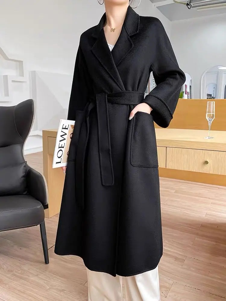 2023 New Reversible Cashmere Coat Women Long Below The Knee High-End Water Ripple Wool Coat Autumn Winter Loose Lace-up Outwear