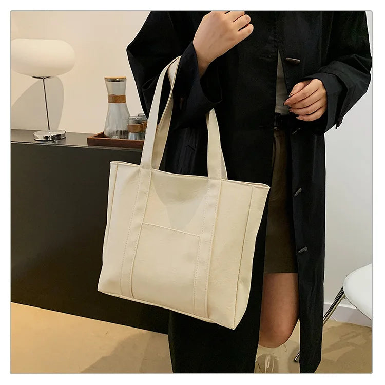 Simple Large Capacity Tote Bags for Women Retro Pu Leather Ladies Shoulder Bag Commuter Portable Girls Student Underarm Handbag