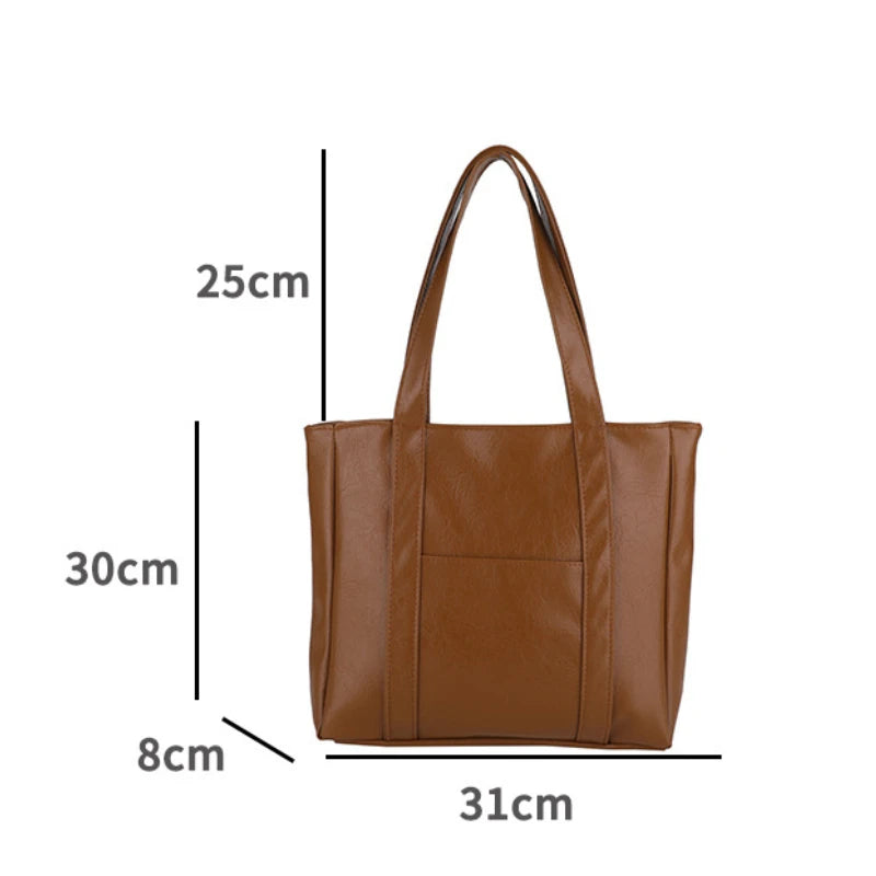 Simple Large Capacity Tote Bags for Women Retro Pu Leather Ladies Shoulder Bag Commuter Portable Girls Student Underarm Handbag