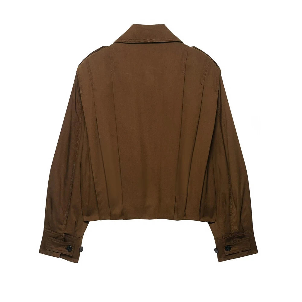 Women's Fashion Pleated Jacket Coat with Pads Lapel Collar Long Sleeve Front Button Chic Outerwear Top