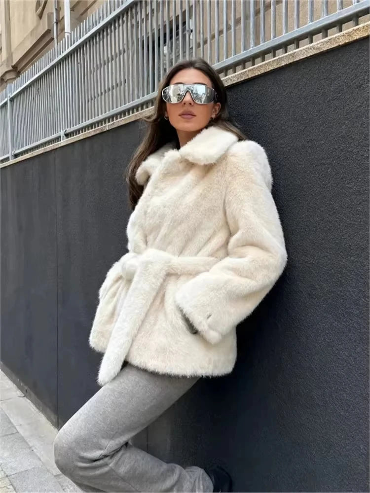 HH Winter Elegant Women Belted Artificial Fur Effect Coat Female Single Breasted Long Sleeve Loose Warm Faux Fur Jacket Outwear
