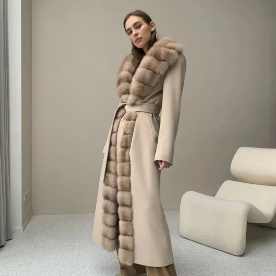 New Cashmere Coat Women Wool Long Real Fox Collar Coat Fashion Winter Warm Wool Blends Coats New Style Best Selling