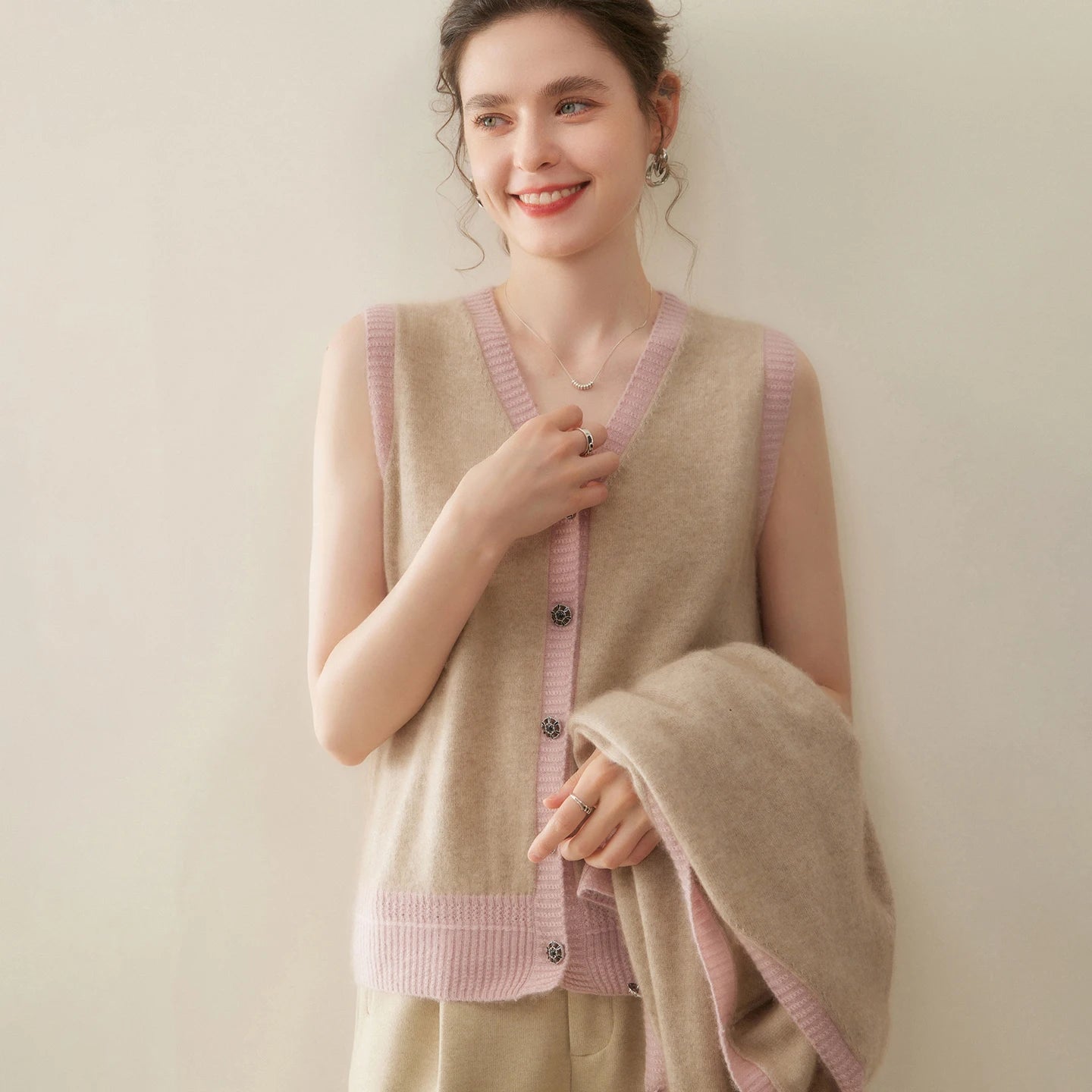 Women Cashmere Sweater V-neck  Cardigan and Vest Set Spring Autumn Winter 100% Cashmere Knitwear Long Sleeve Top Waistcoat Suit