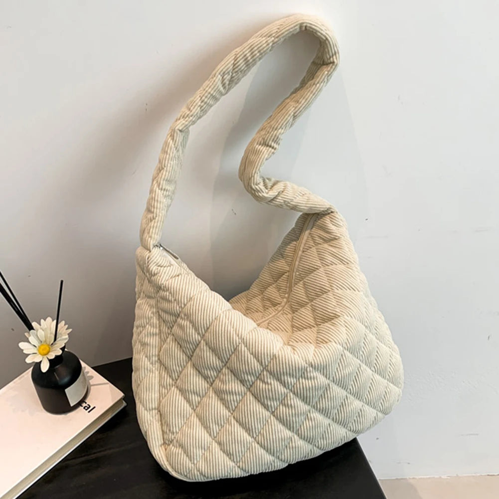 Women Underarm Bag Stylish Corduroy Quilted Shoulder Bag Trendy Bag Fashion Work Tote Retro Classic Purse Solid Color Handbag