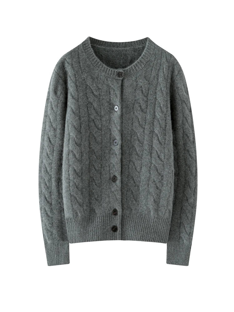 Luxury Women 100% Cashmere Sweater O-neck Cardigan Cable Knitting Thick Sweater Coat Autumn Winter Heavyweight Cashmere Clothes