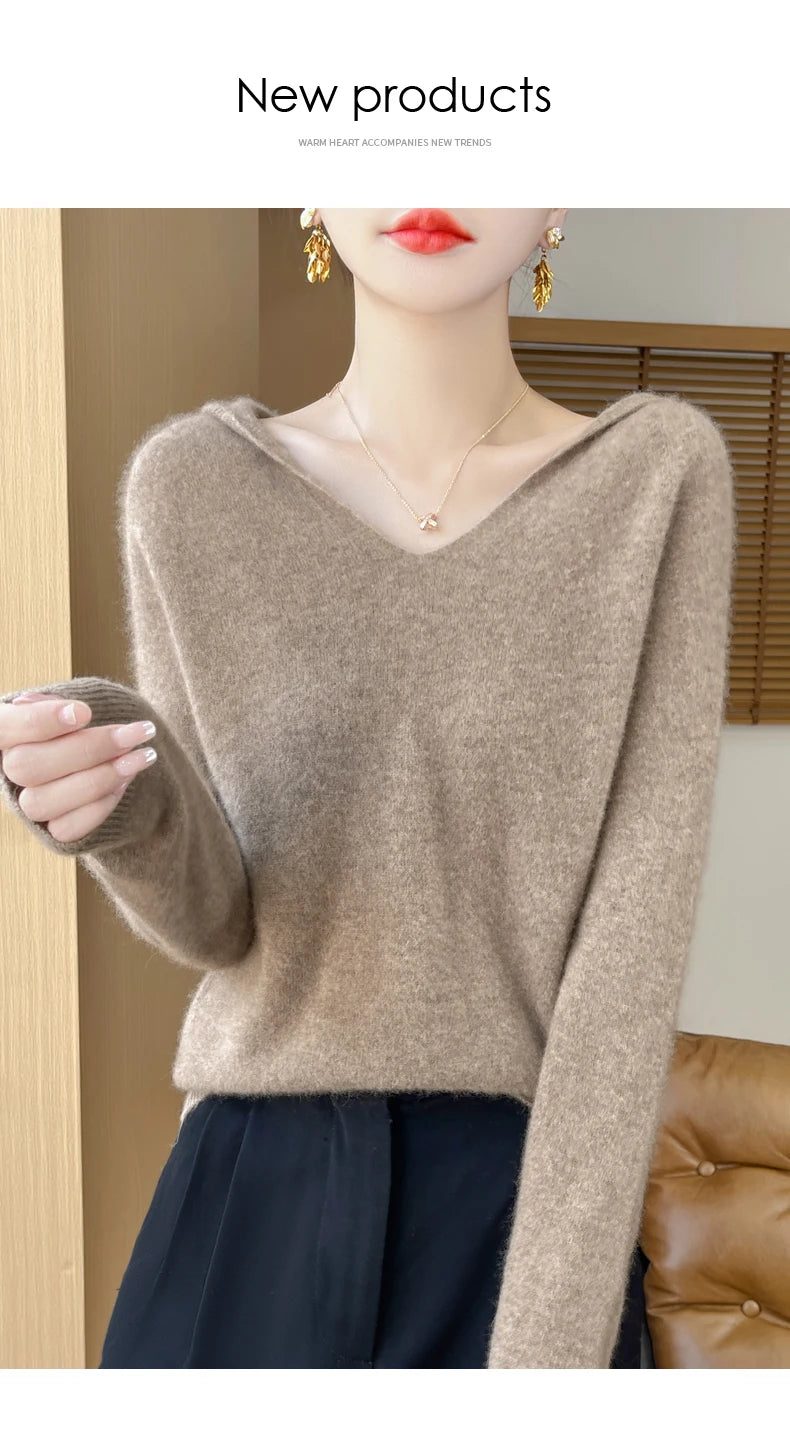 Women Autumn Winter Clothing Hooded Collar Pullover 100% Merino Wool Sweater New Fashion Cashmere Tops Bottoming Knitwear Soft