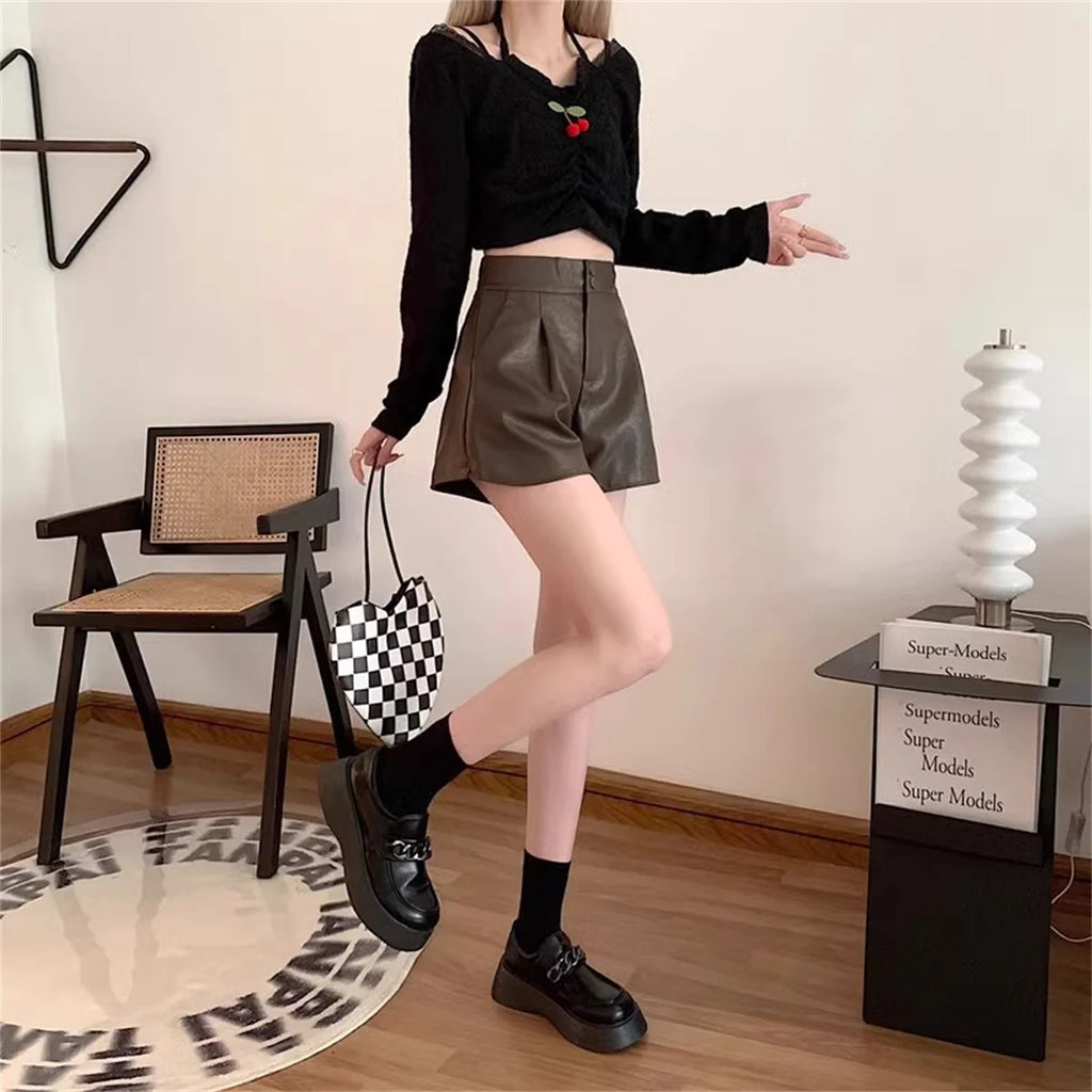 Fashion PU Shorts For Women 2025 Autumn Winter Retro New In Short Pant Solid High Waist Chic Shorts Lady Y2k Casual Street Wear