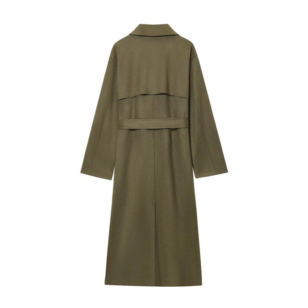 2025 Winter New Women's Casual Fashionable Simple Lapel Double-Breasted Long Trench Coat with Belt and Suede