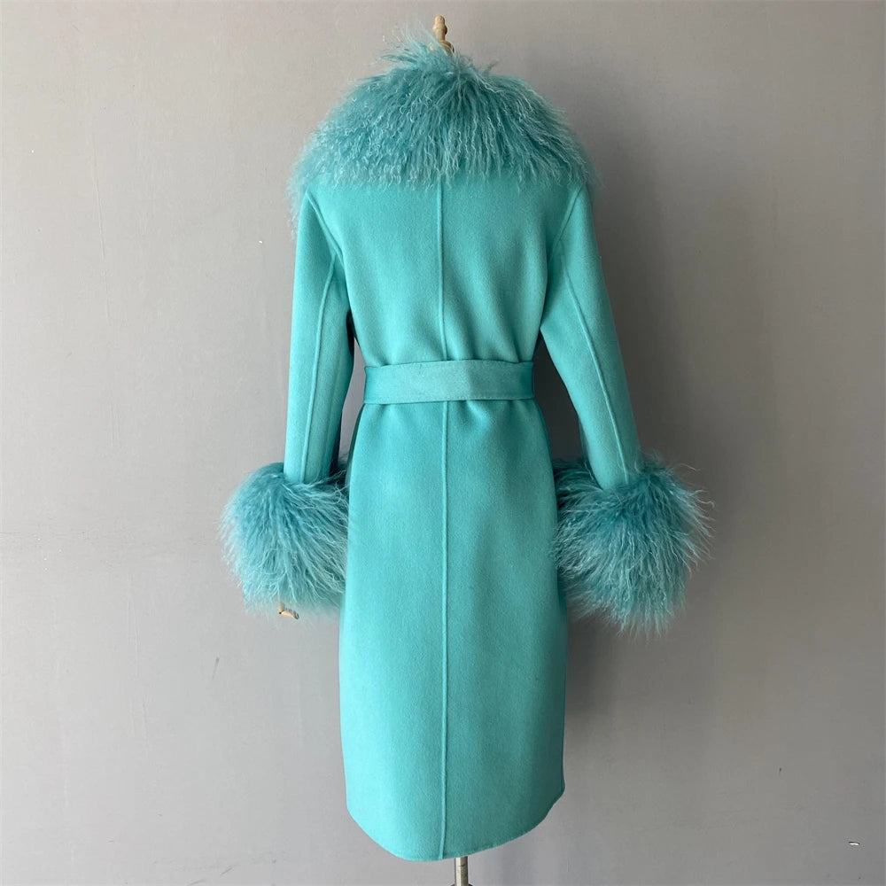 Women Cashmere Wool Coat With Real Mongolian Sheep Fur Collar  Ladies Autumn Winter Fashion Long Outwear Full Sleeve Fur Jacket