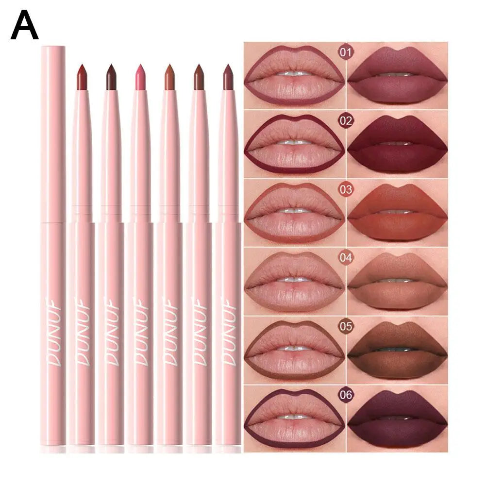 6 Matte Lip Liner, Red Pigment, Nude Brown Smooth Rose, Long-Lasting Rotating Lipstick Pencil Set, Women's Facial Cosmetics