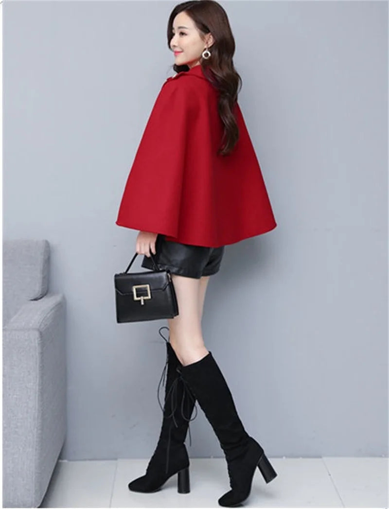 Fashion Woolen Shawl Coat For Women 2025 Autumn Winter New Woolen Jacket Short Outerwear Cape Red Black Coat Tops Female