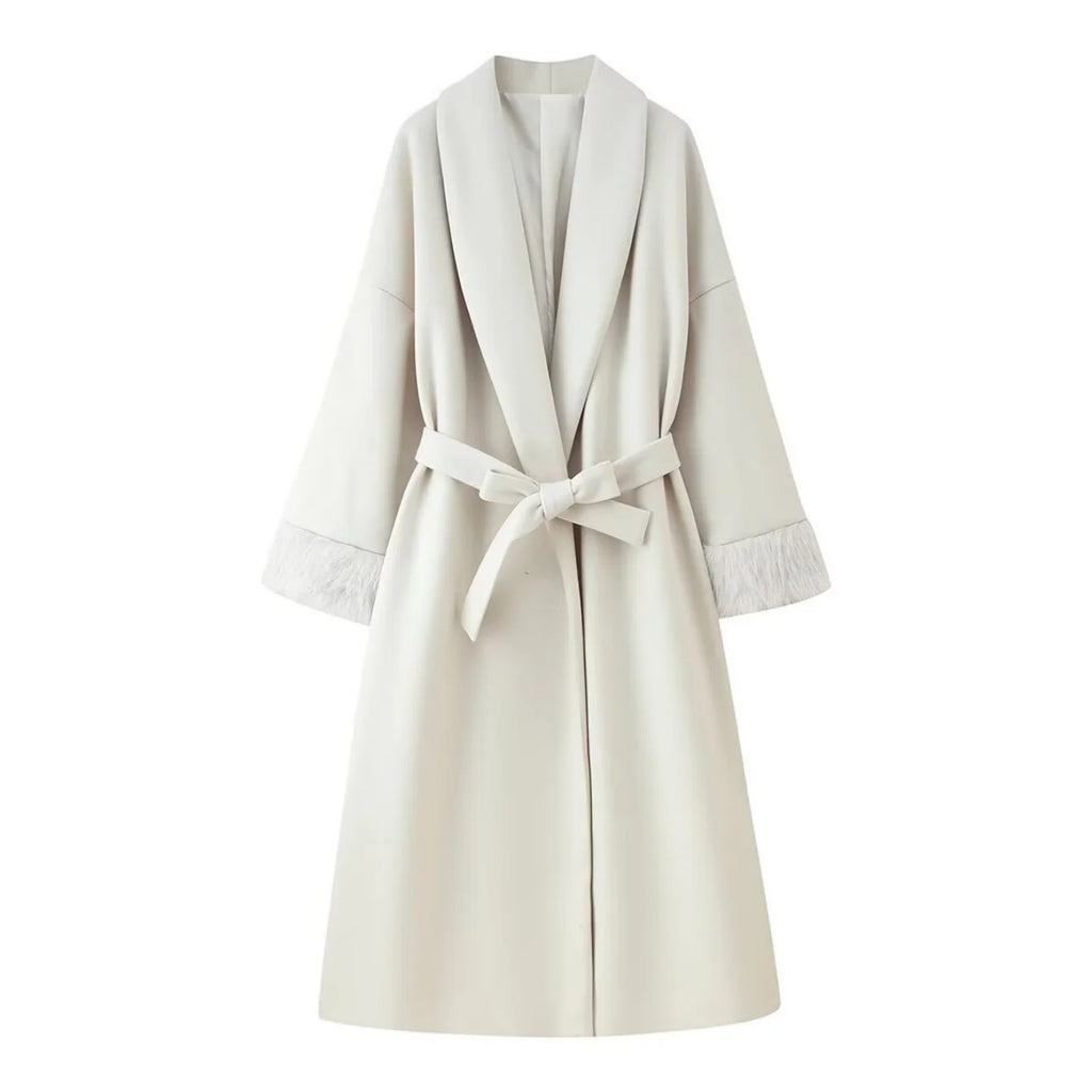 Women's Elegant Woolen Coat Lady Turn-Down Collar With Belt Full Sleeved Outerwear Female Bathrobe Styled Thicken Long Jackets
