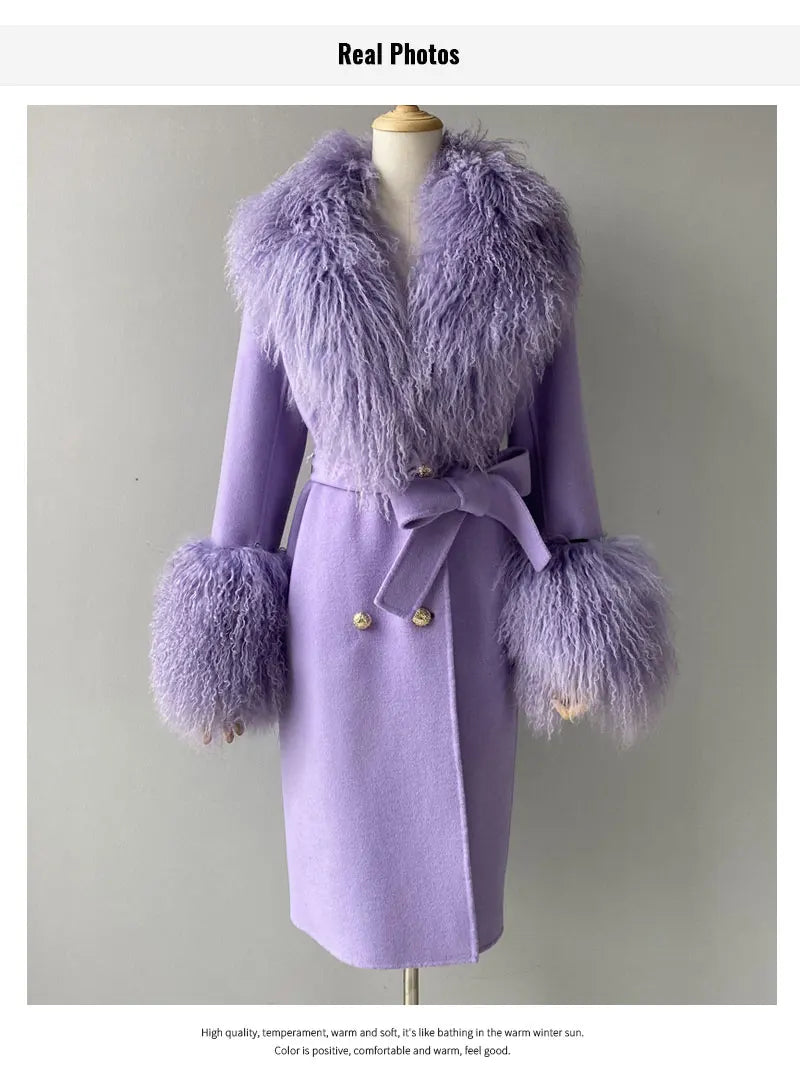Women Cashmere Wool Coat With Real Mongolian Sheep Fur Collar  Ladies Autumn Winter Fashion Long Outwear Full Sleeve Fur Jacket