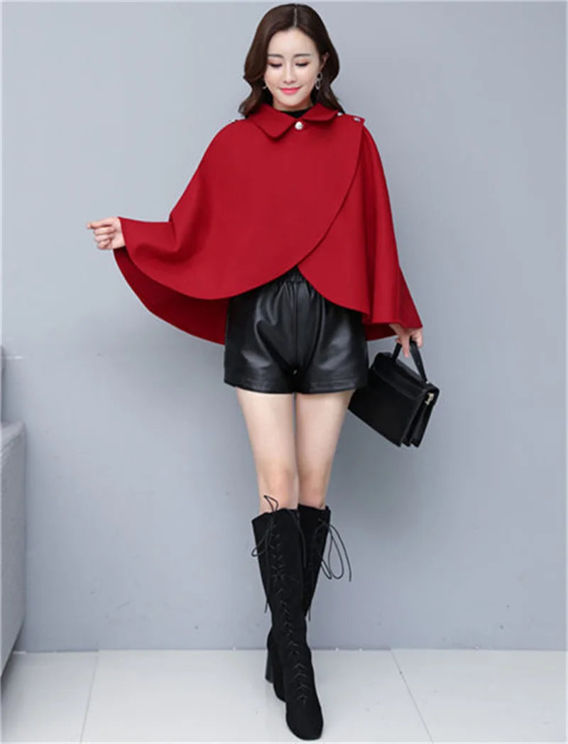 Fashion Woolen Shawl Coat For Women 2025 Autumn Winter New Woolen Jacket Short Outerwear Cape Red Black Coat Tops Female