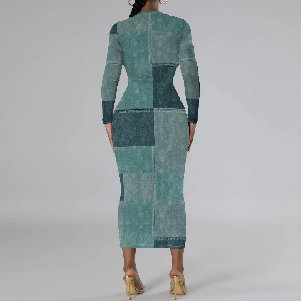 European and American women's fashion temperament casual print slim black dress