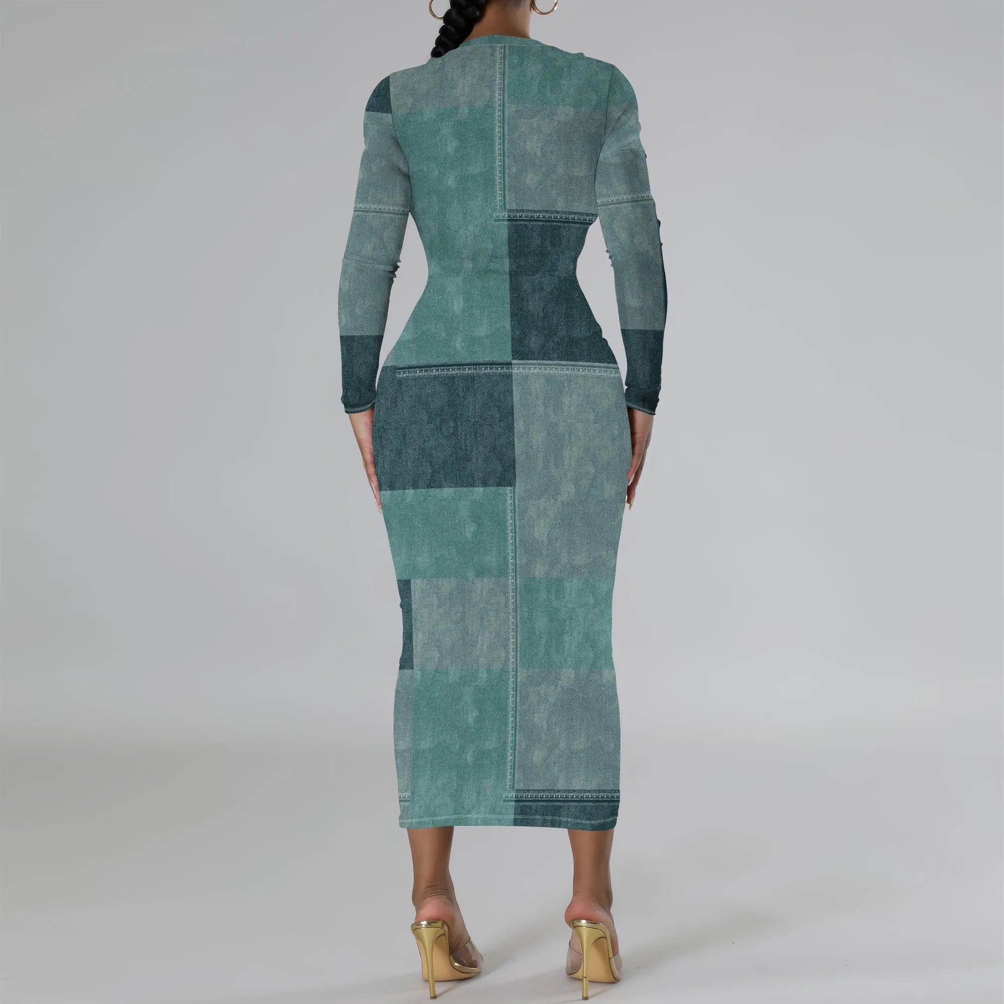 European and American women's fashion temperament casual print slim black dress