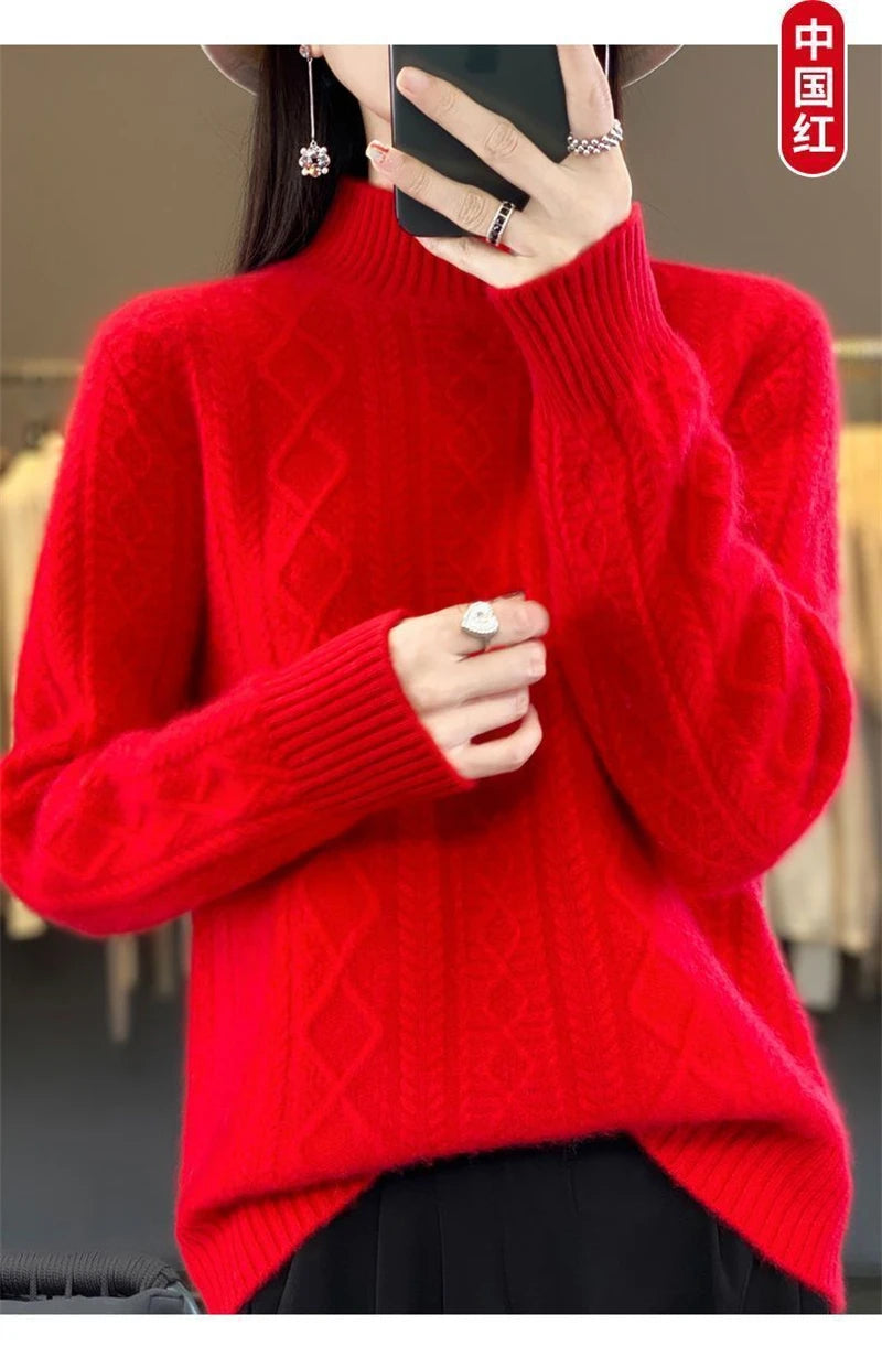 2024 New Women Autumn Winter Sweater Thick 100% Merino Wool Turtleneck Casual Cashmere Knitwaer Pullover Korean Fashion Tops