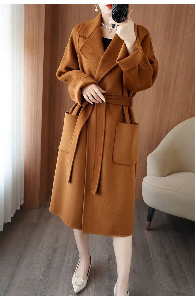 2024 Women's Wear 100% Wool Coat Autumn/Winter Fashion Temperament Double sided Cashmere Coats with Belt Elegant Long Overcoat