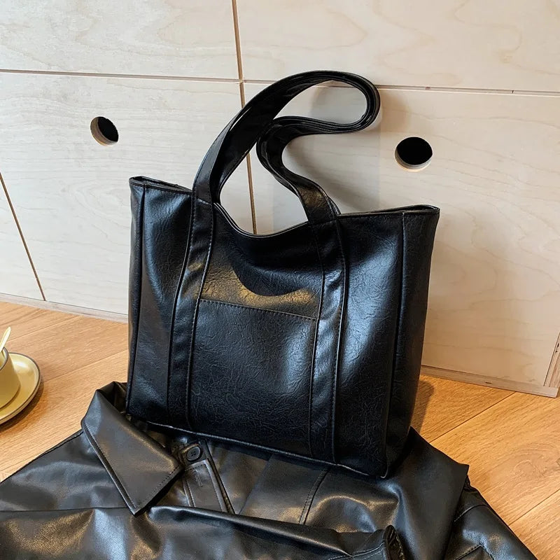 Simple Large Capacity Tote Bags for Women Retro Pu Leather Ladies Shoulder Bag Commuter Portable Girls Student Underarm Handbag