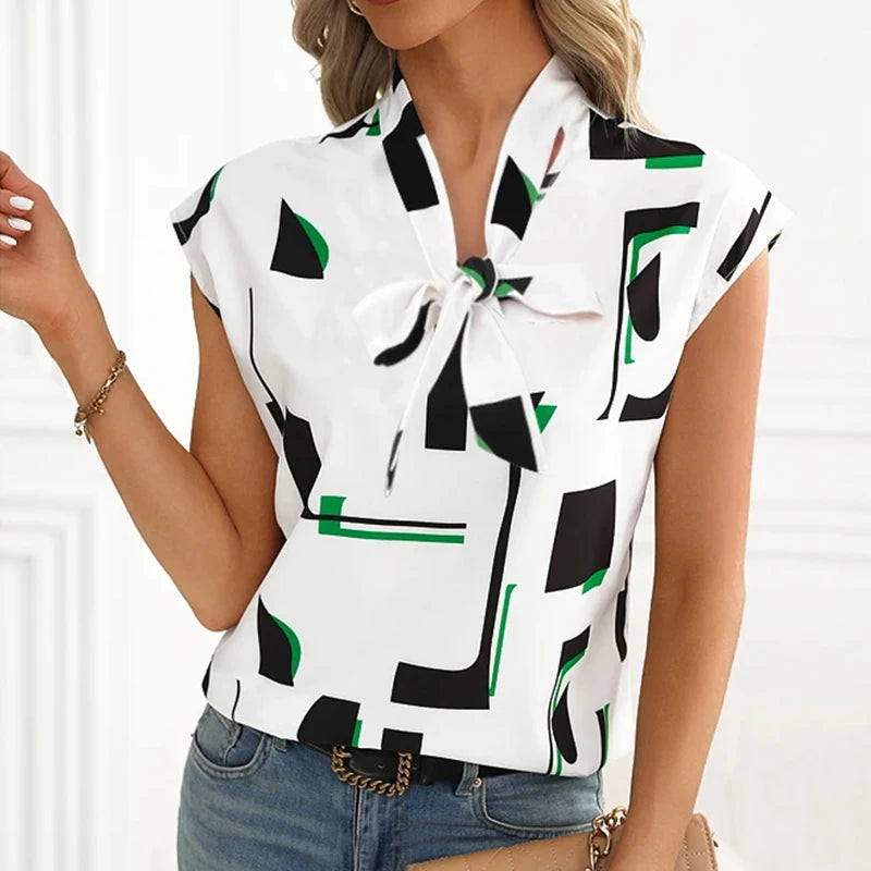 Women's shirt multi-style bow V-neck casual short-sleeved top chiffon shirt striped print design fashion commuter ladies top shi