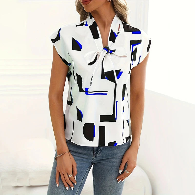Women's shirt multi-style bow V-neck casual short-sleeved top chiffon shirt striped print design fashion commuter ladies top shi