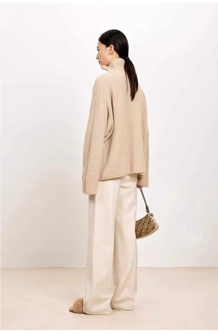 Women's High-Necked Cashmere Sweater Loose Padded Bottoming Pullover Autumn Winter Warm Lazy Wind Style 100% Pure Wool