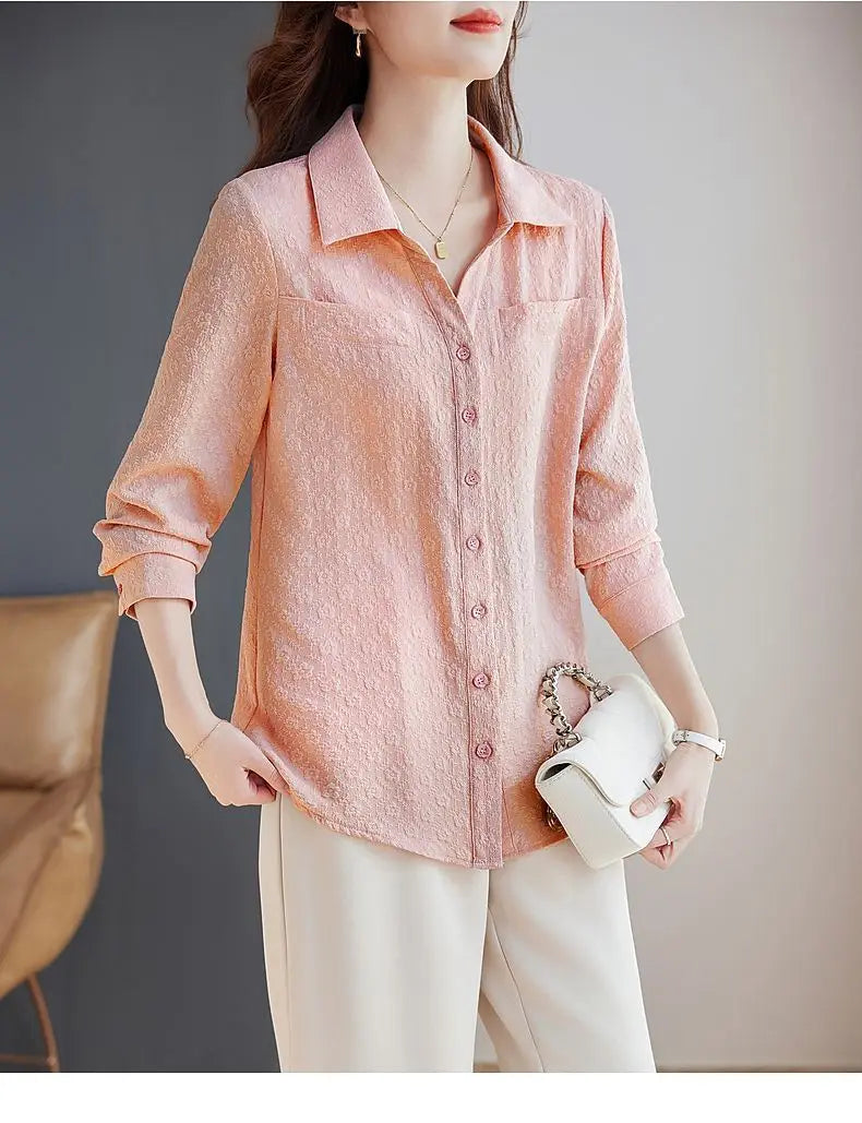 Long-sleeved Shirt for Women Autumn New Fashion Casual Versatile Jacket Fashionable Jacquard Lapel Belly-reducing Top Trendy