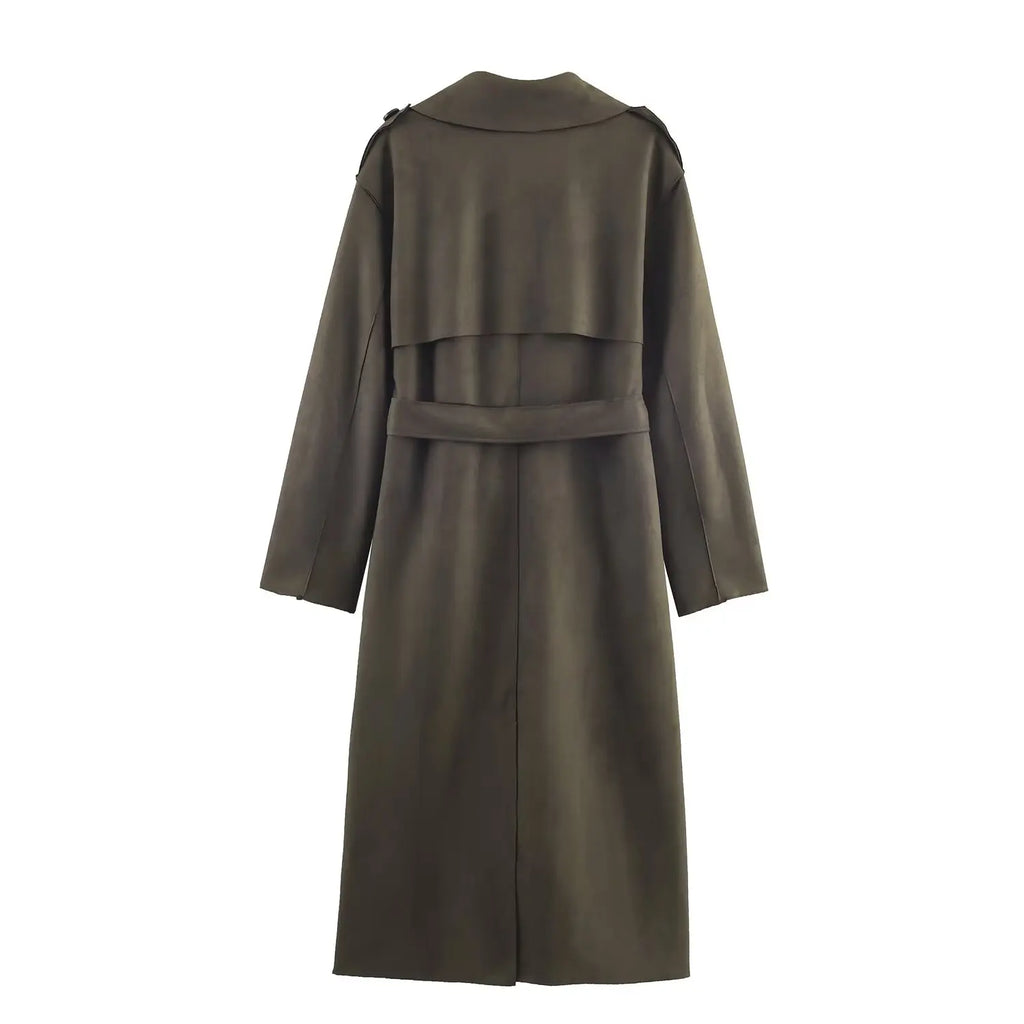 European style new women's fashionable and versatile solid color long trench coat with belt and suede effect.