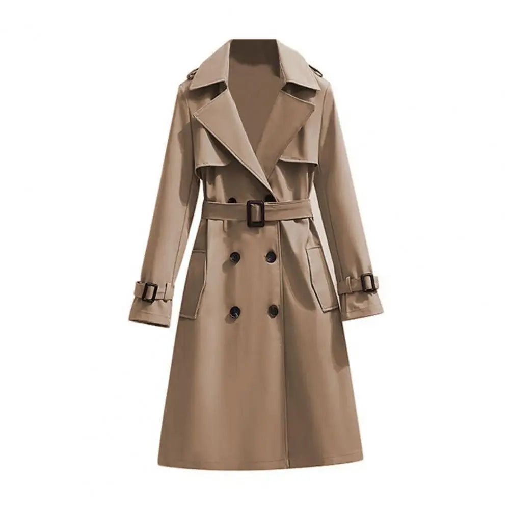 Classic Women Trench Coat Double Breasted Long Trench Coat Belted Notch Lapel Overcoat Fall Winter Windproof Classic Outerwear