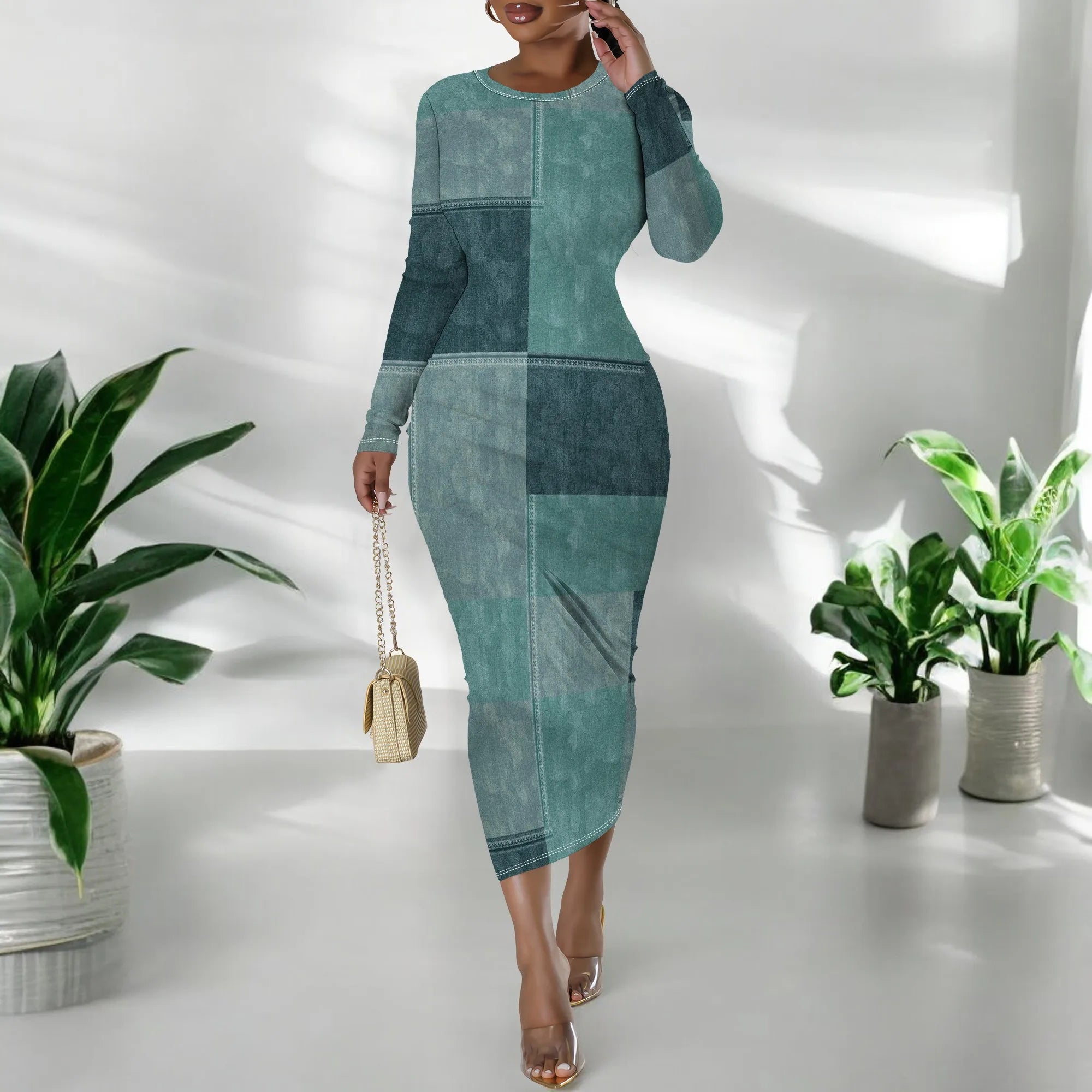 European and American women's fashion temperament casual print slim black dress