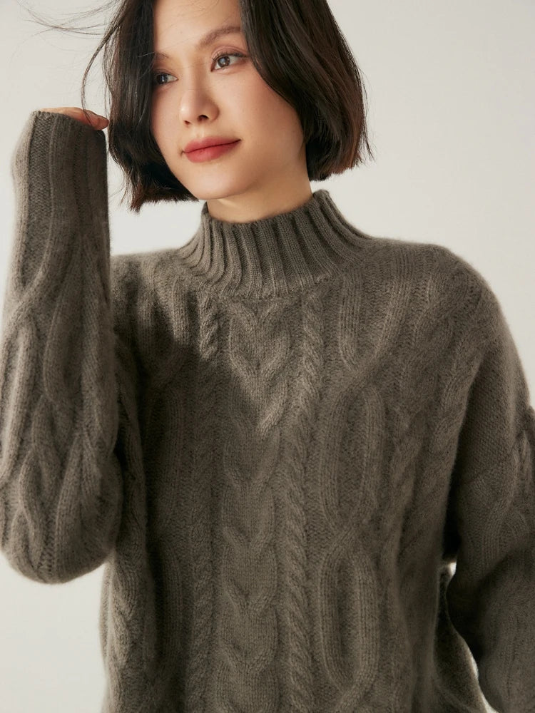Women 100% Cashmere Sweater Mock Neck Pullover Cable Knitting Vintage Loose Style Thickened Cashmere Knitwear Autumn Winter Tops