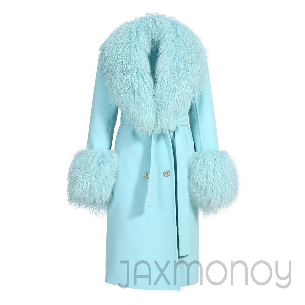 Women Cashmere Wool Coat With Real Mongolian Sheep Fur Collar  Ladies Autumn Winter Fashion Long Outwear Full Sleeve Fur Jacket